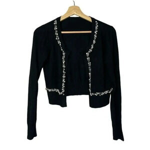 Boutique Black Pearl & Rhinestone Embellished Cropped Knit Sweater XS
